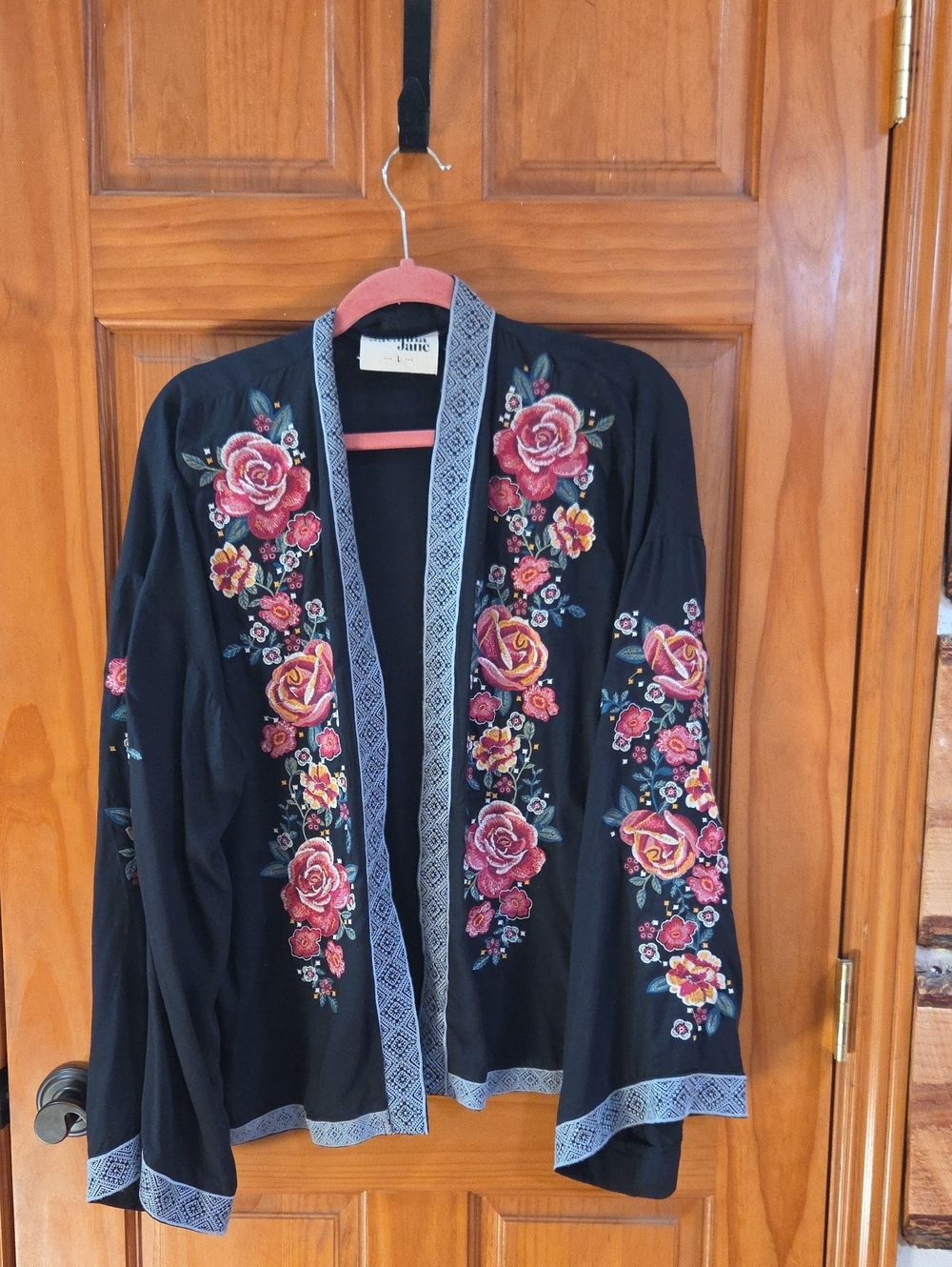 Savanna Jane Black Open Kimona with Pink and Yellow Rose Embroidery